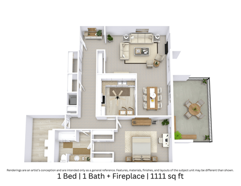Floor plan for 1 bed, 1 bath, 1111 sqft